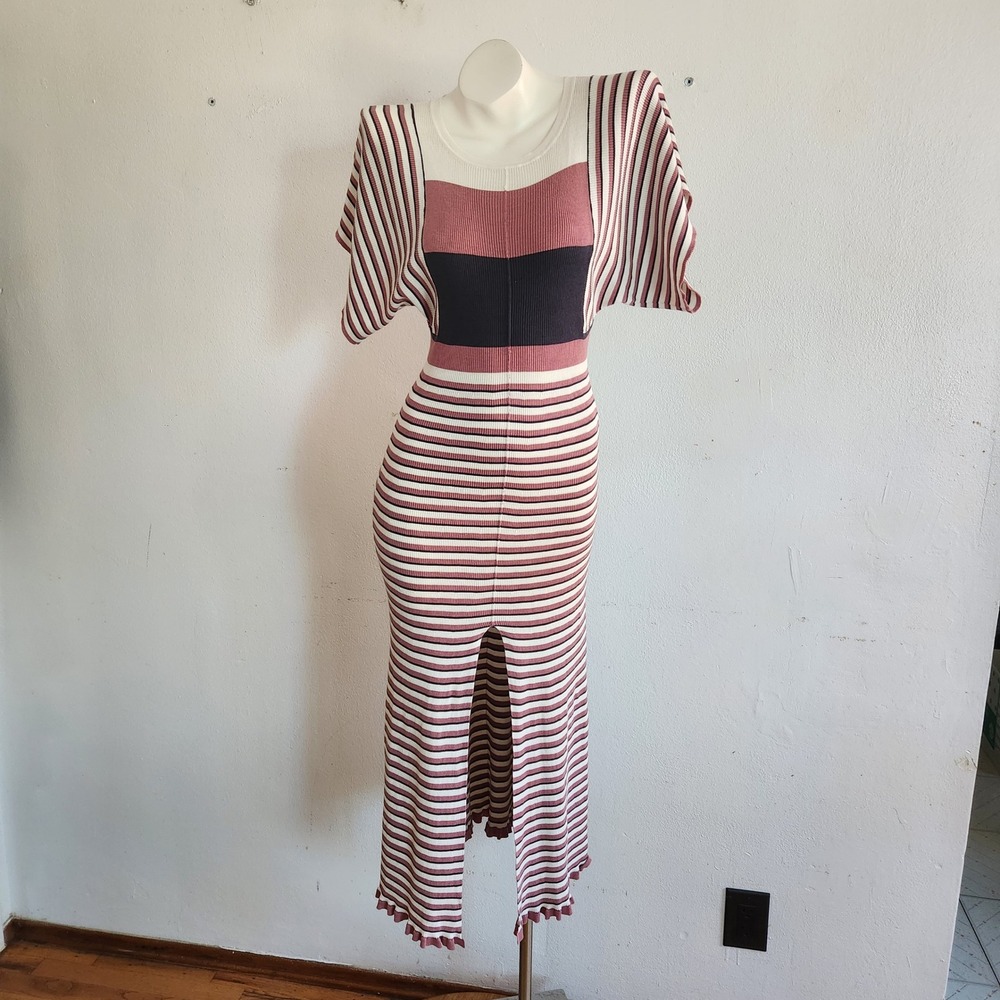 Alexa Chung Silk Blend Midi Dress XS Multicolor Ribbed Knit Stripe Crewneck